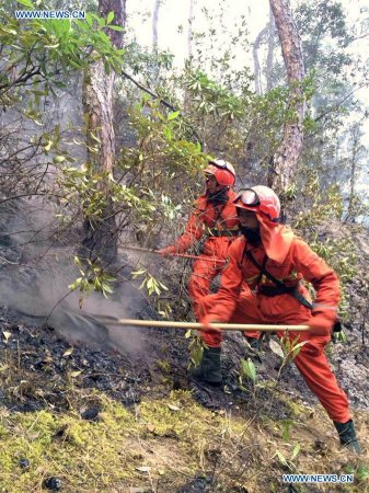  Firefighters extinguish a forest fire in Liangmei Village of Shangri-la in Tibetan Autonomous Prefecture of Deqen, southwest China's Yunnan Province, Feb. 15, 2016. (Photo: Xinhua/Feng Lun)