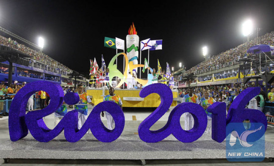 A float of the Olympic and Paralympic Games Rio 2016 takes part in a parade during the Rio de Janeiro Carnival, at the Marques de Sapucai Sambadrome in Rio de Janeiro, Brazil, on Feb. 7, 2016. (Xinhua/Marcos Arcoverde/AGENCIA ESTADO)