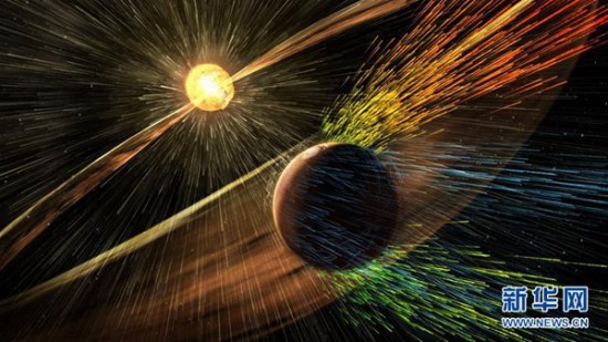 An undated artist's rendering depicts a solar storm hitting Mars and stripping ions from the planet's upper atmosphere in this NASA handout released November 5, 2015. (Photo: Xinhua/APNASA)