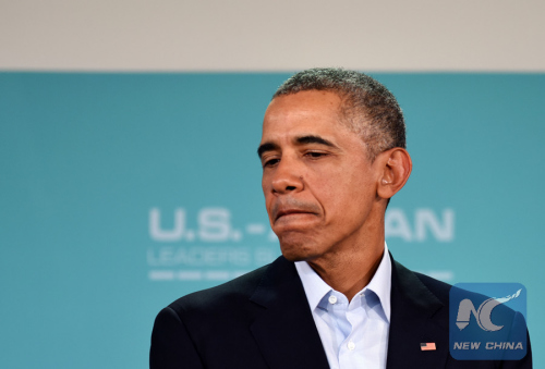 U.S. President Barack Obama speaks at at a press conference after the U.S.-ASEAN Summit in Rancho Mirage, California, the United States, Feb. 16, 2016. (Photo: Xinhua/Yin Bogu)