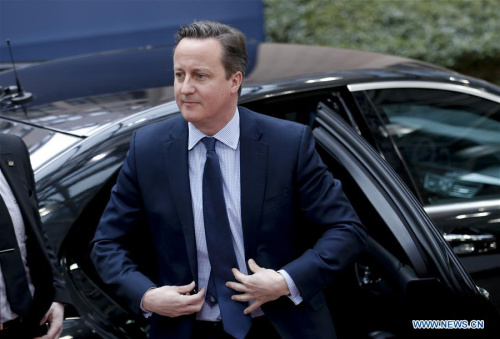 British Prime Minister David Cameron arrives at a two-day European Union summit at EU headquarters in Brussels, Belgium, Feb. 18, 2016. (Photo: Xinhua/Ye Pingfan)