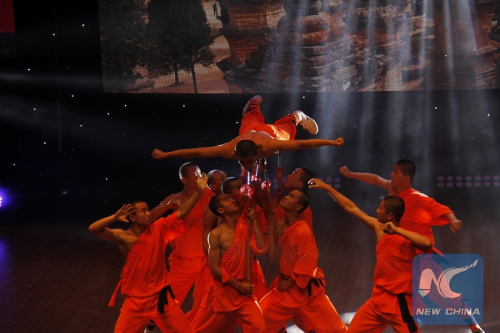 Chinese Shaolin Kung Fu show was performed for the first time in Palestine on Feb. 21, 2016. (Xinhua Photo)