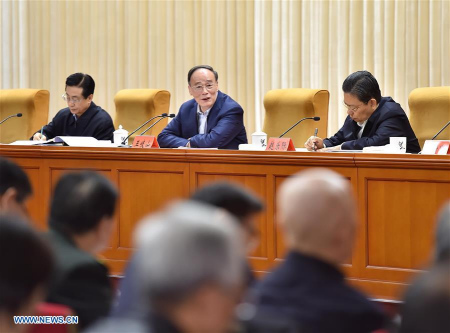 Wang Qishan (C), a member of the Standing Committee of the Political Bureau of the Communist Party of China (CPC) Central Committee and secretary of the CPC Central Commission for Discipline Inspection, attends a meeting on anti-graft inspection in Beijing, capital of China, Feb. 23, 2016. (Photo: Xinhua/Li Tao)