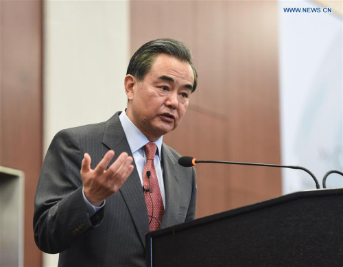 Chinese Foreign Minister Wang Yi speaks during a discussion on Chinese foreign policy and China-U.S. Relations at Center for Strategic and International Studies(CSIS) in Washington D.C., the United States, on Feb. 25, 2016. (Photo: Xinhua/Bao Dandan)