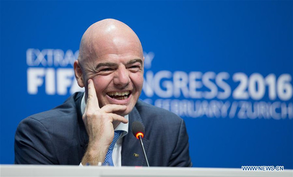 New FIFA president Gianni Infantino attends his first press conference following his election in Zurich, Switzerland, Feb. 26, 2016.  (Xinhua/Xu Jinquan)