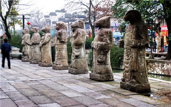 Stone statues on the streets of the ancient town of Nanxun, Zhejiang province.
