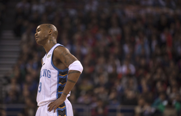 Stephon Marbury of Beijing Ducks reacts during Game 4 of the quarterfinal series of the China Basketball Association (CBA) playoffs at the MasterCard Center in Beijing February 21, 2016. The defending champion was edged 1-3 by Xinjiang Flying Tigers. (Photo/Xinhua)