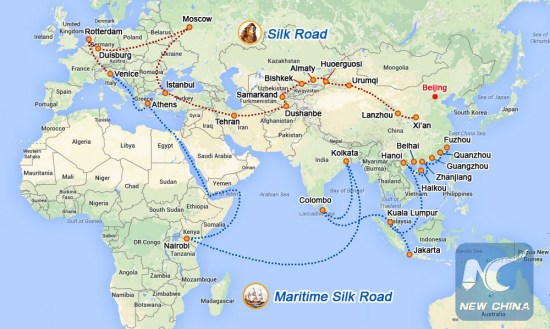 Picture shows the Silk Road Economic Belt and the 21st Century Maritime Silk Road, collectively known as the Belt and Road initiative. (Xinhua)