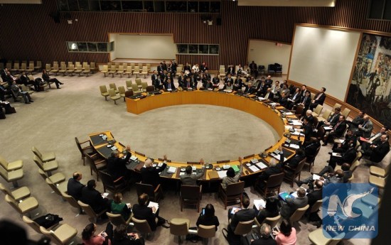 The UN Security Council vote on a resolution regarding the nuclear test of the Democratic People's Republic of Korea (DPRK), at the UN headquarters in New York, the United States, on March 7, 2013. (Xinhua/Photo)