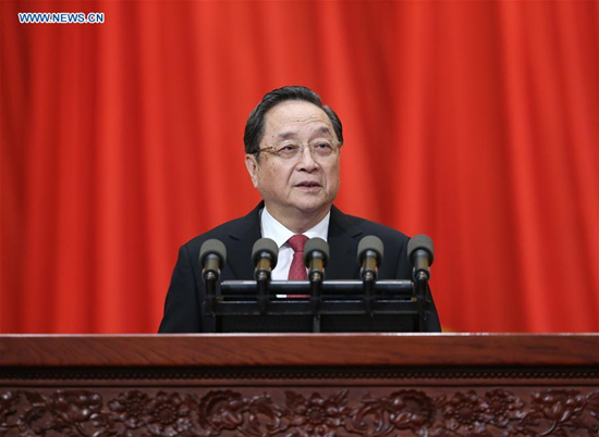 Yu Zhengsheng, chairman of the National Committee of the Chinese People's Political Consultative Conference (CPPCC), delivers a report on the work of the CPPCC National Committee's Standing Committee at the fourth session of the 12th CPPCC National Committee at the Great Hall of the People in Beijing, capital of China, March 3, 2016. The fourth session of the 12th CPPCC National Committee opened in Beijing on March 3. (Photo: Xinhua/Pang Xinglei)