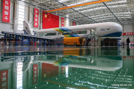 Photo taken on Feb 29, 2016 shows a test bench for C919 plane at its research base in Shanghai Aircraft Design And Research Institute of the Commercial Aircraft Corp of China (COMAC), in Shanghai. The C919 plane, China's first domestically-produced large passenger aircraft, was developed by the COMAC. (Photo/Xinhua)