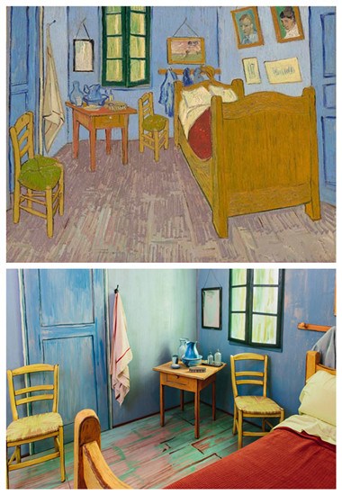 Van Gogh's 'Bedroom' vs. Van Gogh's 'Bedroom' recreated for AirBnB apartment (Photo/CCTV.com)