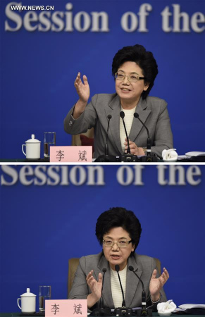  The combined photo shows Li Bin, minister in charge of the National Health and Family Planning Commission, answering questions at a press conference on China's two-child policy on the sidelines of the fourth session of China's 12th National People's Congress in Beijing, capital of China, March 8, 2016. (Photo: Xinhua/Chen Yichen)