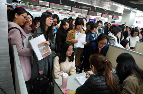 Female college students participate in a job fair held particularlly for them in Nanjing, capital of east China's Jiangsu Province, March 5, 2016. (Photo: Xinhua/Sun Can)