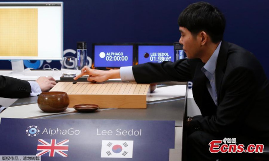 South Korean professional Go player Lee Sedol puts a stone against Google's artificial intelligence program, AlphaGo, as Google DeepMind's lead programmer Aja Huang sits during the match in Seoul on Wednesday.(Photo/Agencies)