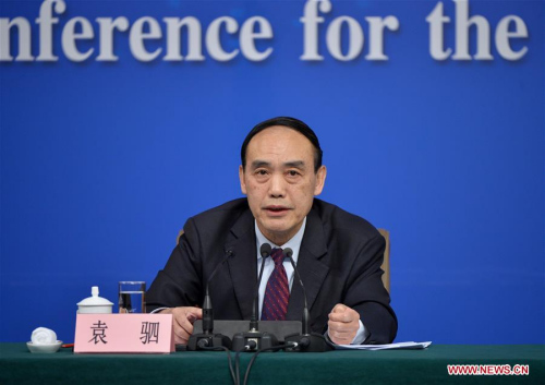 Deputy Director of the National People's Congress (NPC) Environmental Protection and Resources Conservation Committee Yuan Si answers questions during a press conference about legislation progress on the sidelines of the fourth session of China's 12th NPC in Beijing, capital of China, March 10, 2016. (Xinhua/Li Xin)