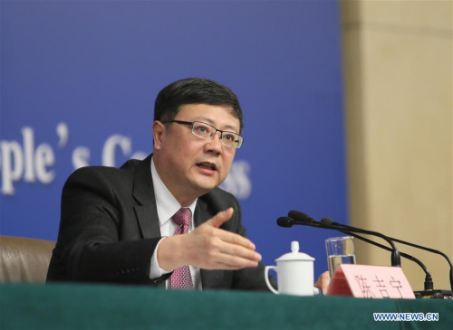 Chinese Minister of Environmental Protection Chen Jining answers questions at a press conference on how to promote environmental protection on the sidelines of the fourth session of China's 12th National People's Congress in Beijing, capital of China, March 11, 2016. (Xinhua/Chen Junqing)