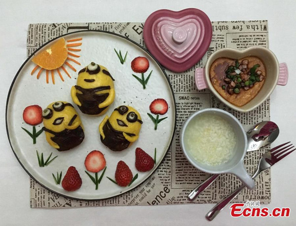 The photo taken on March 10, 2016 shows the creative breakfast made by Wang Jing, a housewife from southwest China's Chongqing Municipality. Wang Jing resigned from a foreign company at the beginning of 2015 and started to make creative meals for her daughter. Since then, she has made 232 different types of breakfast dishes. (Photo provided to China News Service)
