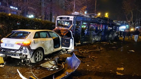 Photo taken on March 13, 2016 shows the explosion site at Kizilay square in Ankara, Turkey. An explosion hit downtown Ankara Sunday killing at least 27 people and injuring 75 others, Turkish sources told Xinhua. (Xinhua/Mustafa Kaya)