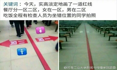 A red line designates areas for male and female students in the cafeteria of the Ruyang Experimental High School in Henan Province. (Photo: Sina Weibo/Henan University of Technology)