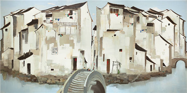 Wu Guanzhong's oil painting Zhouzhuang, based on a pencil sketch from 1985, was done after several visits to a peaceful water town in Jiangsu province.