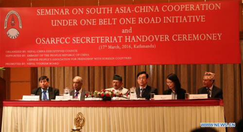 Nepalese Minister for Industry Som Prasad Pandey (3rd L), Chinese Ambassador to Nepal Wu Chuntai (3rd R) and other delegates attend a seminar on South Asia China Cooperation under One Belt One Road Initiative in Kathmandu, Nepal, March 17, 2016. Nepal has regarded China's Belt and Road Initiative as a milestone to turn promising South Asia into a developed region in the world. (Xinhua/Sunil Sharma)