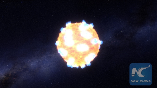 The brilliant flash of an exploding star's shockwave -- what astronomers call the shock breakout -- is illustrated in this photo. (NASA)