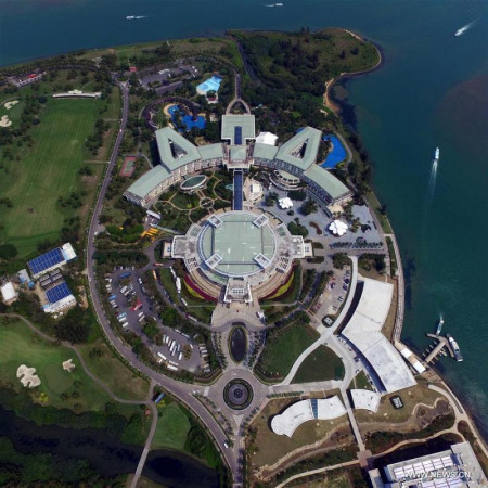 The aerial photo taken on March 18, 2016 shows the Boao Forum for Asia (BFA) International Conference Center in Boao, south China's Hainan Province. Boao Forum for Asia (BFA) Annual Conference will be held here from March 22 to 25. (Xinhua/Yang Guanyu)
