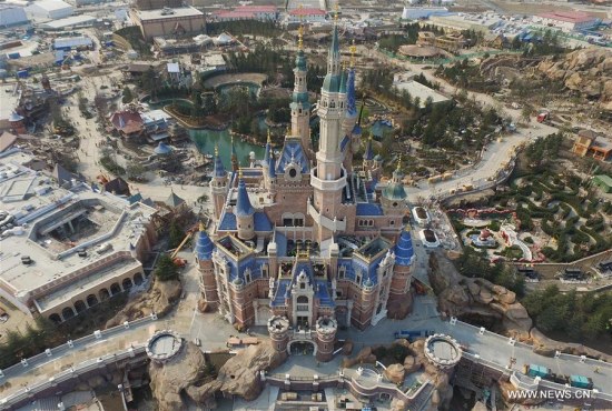 Aerial photo taken on March 27, 2016 shows a general view of Shanghai Disney Resort in east China's Shanghai. Shanghai Disney Resort will officially open and welcome its first guests on June 16. Tickets went on sale on March 28. (Xinhua)