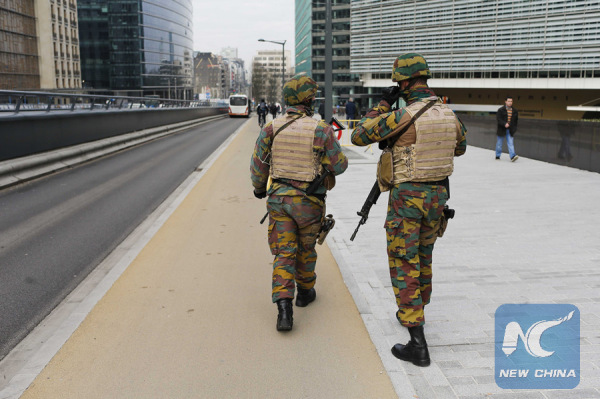 Belgian soldiers partorl outside the EU headquarters in Brussels, Belgium, on March 22, 2016. (Xinhua/Zhou Lei)