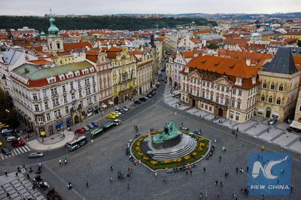The photo taken on Sept. 2, 2013 shows the Old Town Square in Prague, capital of the Czech Republic. (Xinhua/Zhou Lei)