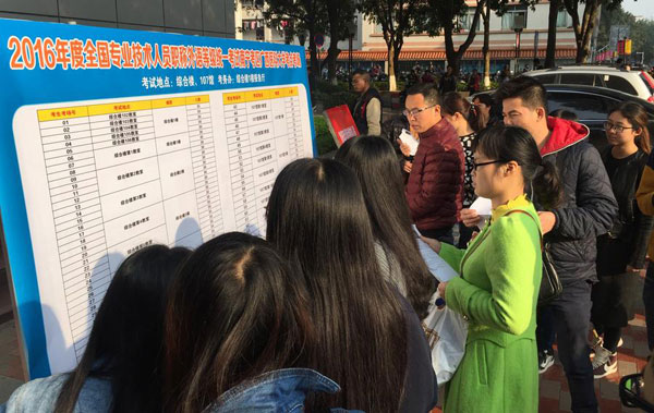 People check the information of examination halls before they take the latest annual English test on March 26, 2016, at Guangxi Medical University in Nanning, capital city of Southwest China's Guangxi Zhuang autonomous region. (Photo/Xinhua)