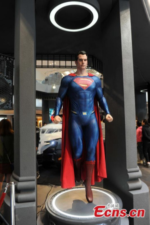 A model of Superman is on display to promote Batman v Superman: Dawn of Justice in Hong Kong, March 3, 2016. (Photo: China News Service/Tan Daming)