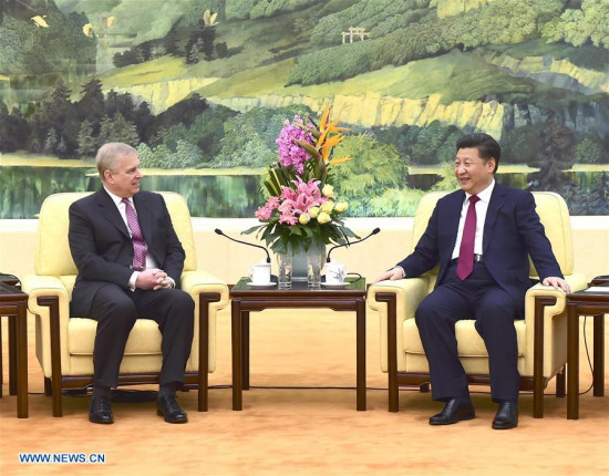 Chinese President Xi Jinping (R) meets with visiting British Prince Andrew, the Duke of York, in Beijing, capital of China, April 5, 2016. (Photo: Xinhua/Zhang Duo)