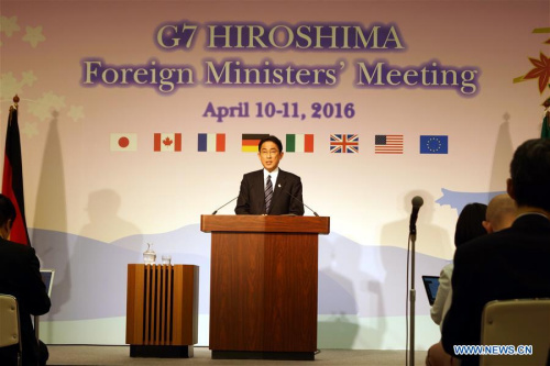 Japan's Foreign Minister Fumio Kishida speaks during the press conference after the G7 Foreign Ministers' Meeting in Hiroshima, Japan, on April 11, 2016. The two-day G7 Foreign Ministers' Meeting closed here on Monday, with the foreign ministers of the seven industrialized countries issuing a joint communique, reaching consensus on a variety of global and regional issues including terrorism, refugees, and the DPRK nuclear problem.(Xinhua/Yan Lei)