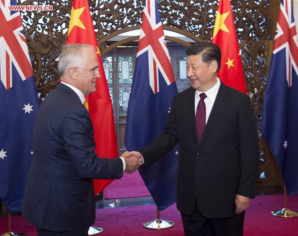 Chinese PresidentXi Jinping(R) meets with Australian Prime Minister Malcolm Turnbull in Beijing, capital of China, April 15, 2016. (Xinhua/Wang Ye)