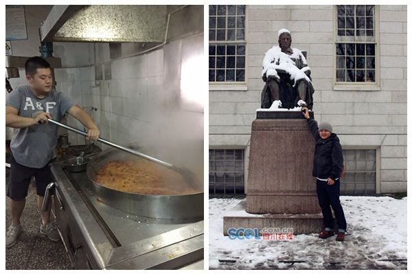Picture of Dang learning how to prepare hotpot seasonings and when he was studying in Canada. (Photo/Scol.com.cn)