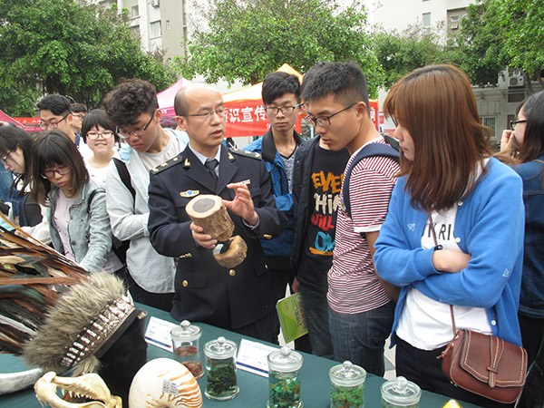 An inspector from the Sichuan Entry-Exit Inspection and Quarantine Bureau tells students from Sichuan Agricultural University why woodcarvings cannot be brought into China without being quarantined first. Photo by Huang Zhiling/chinadaily.com.cn