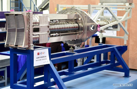 Photo taken on April 25, 2016 shows the ion cyclotron resonant heating(ICRH) antenna, a key part of nuclear fusion facility, at the Chinese Academy of Sciences institute of plasma physics (ASIPP) in Hefei, capital of east China's Anhui Province. The world-class ICRH antenna, manufactured by ASIPP, was delivered to a French institute in Anhui Province on Monday. (Photo: Xinhua/Liu Junxi)