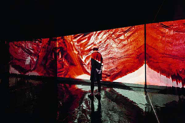 A visitor looks at Chimeric Landscape, an installation by Zheng, during the ongoing Hong Kong show. (Photo provided to China Daily)