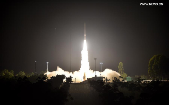 The Kunpeng-1B sounding rocket is launched from Danzhou City in south China's Hainan Province, April 27, 2016. Kunpeng-1B was launched from Danzhou City at 2 a.m. by the National Space Science Center (NSSC). The rocket fulfilled its mission of taking measurements in the upper atmosphere that will help with research of rocket sounding, high-speed flight and space tourism, said the NSSC. (Photo: Xinhua/Guo Cheng)