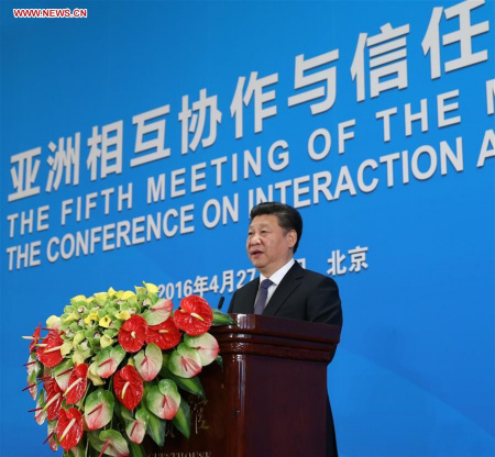 Chinese President Xi Jinping addresses the opening ceremony of the fifth foreign ministers' meeting of the Conference on Interaction and Confidence Building Measures in Asia (CICA) in Beijing, capital of China, April 28, 2016. (Photo: Xinhua/Pang Xinglei)