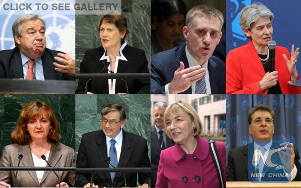 This combination of file pictures shows candidates for the upcoming UN secretary-general election. (Photo/Xinhua) This combination of file pictures shows candidates for the upcoming UN secretary-general election. (Photo/Xinhua)