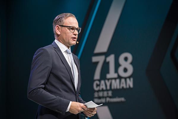 Oliver Blume, chairman of the executive board of Porsche AG, speeks at the Porsche news conference for Auto China 2016. (Photo provided to China Daily)