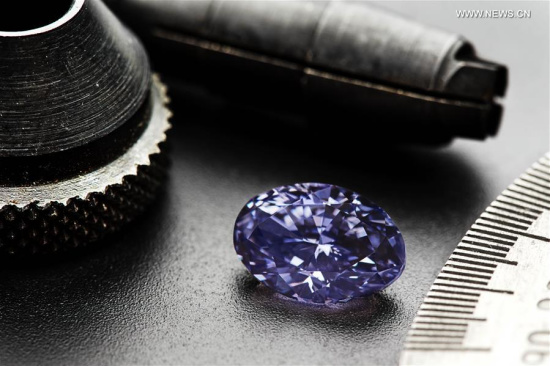 Photo provided by global mining giant Rio Tinto on April 28, 2016 shows the 2.83 carat polished oval shaped Argyle Violet diamond. The tender attracts private bids for Rio's most exclusive diamonds with prices fetching over one million Australian dollars per carat. The 2016 Argyle Pink Diamonds Tender will commence private trade viewings in June and travel to Copenhagen, Hong Kong and New York. (Photo/Xinhua)