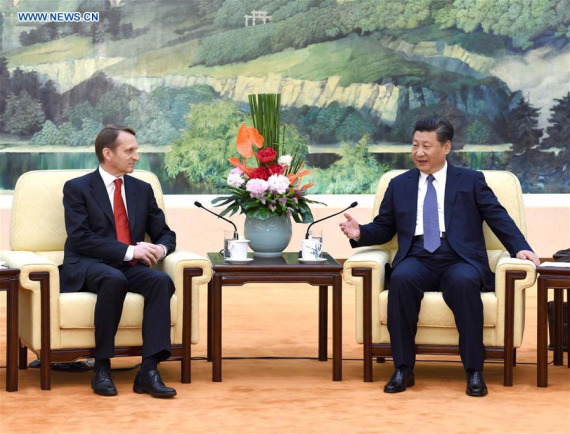  Chinese President Xi Jinping (R) meets with Sergei Naryshkin, head of the State Duma, Russia's lower house of parliament, in Beijing, capital of China, May 5, 2016. (Photo: Xinhua/Rao Aimin)