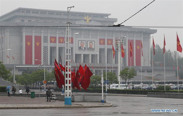 Photo taken on May 6, 2016 shows the April 25 House of Culture, where the 7th Congress of the Workers' Party of Korea (WPK) is held in Pyongyang, capital of the Democratic People's Republic of Korea (DPRK). The Workers' Party of Korea , DPRK's ruling party, opened its 7th Congress on Friday. It is the first WPK congress in 36 years and the first under the leadership of Kim Jong Un. (Xinhua/Guo Yina)