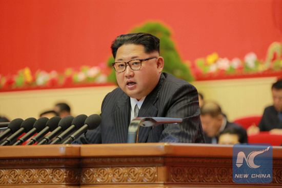 Photo released by KCNA on May 8, 2016 shows top leader of the Democratic People's Republic of Korea (DPRK) Kim Jong Un addressing the 7th National Congress of the Workers' Party of Korea at the April 25 House of Culture in Pyongyang on May 7, 2016. (Photo: Xinhua/KCNA)