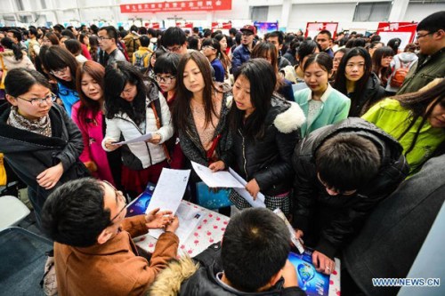 Job seekers consult recruiters about job information at a job fair held for fresh graduates in North China's Tianjin municipality, March 14, 2015.You Sixing /Xinhua)