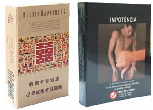 The use of graphic warning labels on cigarette packages, Chinese mainland (left) versus Brazil. (Photo courtesy of ThankTank Research Center for Health Development)